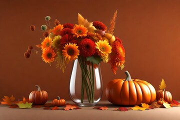Naklejka na ściany i meble still life with pumpkins and flowers in vase isolated on solid background