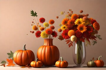 still life with pumpkins and flowers in vase isolated on solid background