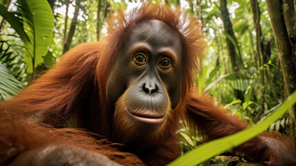 tête de singe Orang-outan en gros plan dans la foret tropicale - obrazy, fototapety, plakaty