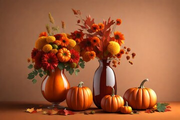 Naklejka na ściany i meble still life with pumpkins and flowers in vase isolated on solid background