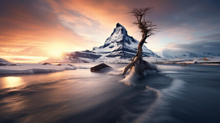 paysage désolé et froid, région nordique composée de montage et de lacs, soleil couchant