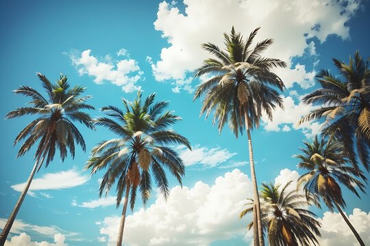 Blue sky and palm trees view from below, vintage style, tropical beach and summer background, summer
