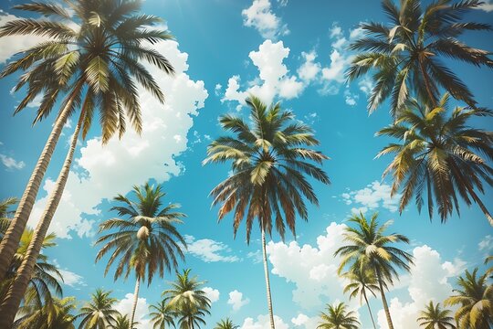 Blue sky and palm trees view from below, vintage style, tropical beach and summer background, sky