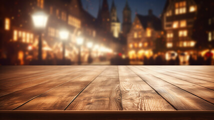 Empty rustic wooden table with european architecture city old classic  building, blurred bokeh lights background romantic atmosphere. - obrazy, fototapety, plakaty
