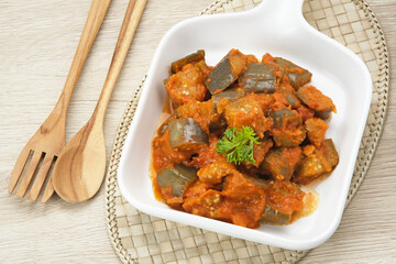 Terong Balado, stir fried eggplant with spices, traditional Indonesian food.
