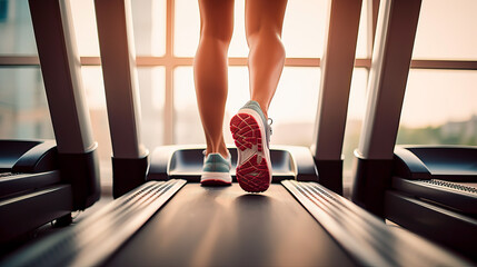 Running on a treadmill, low angle shoot of feet as they run on a treadmill in a gym. Soft light and shallow field of view. Sports, health and fitness.