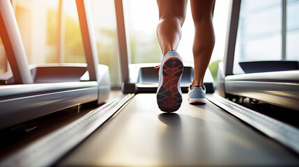 Running on a treadmill, low angle shoot of feet as they run on a treadmill in a gym. Soft light and shallow field of view. Sports, health and fitness.