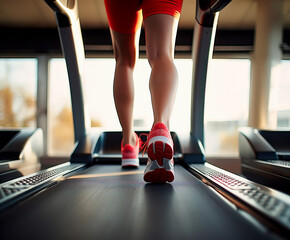 Running on a treadmill, low angle shoot of feet as they run on a treadmill in a gym. Soft light and shallow field of view. Sports, health and fitness.