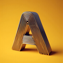 3D typography of the letter A on a yellow background. Chrome shiny texture, ridges, minimal