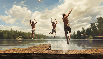 friends enjoying a weekend umping into a lake from the pier - obrazy, fototapety, plakaty