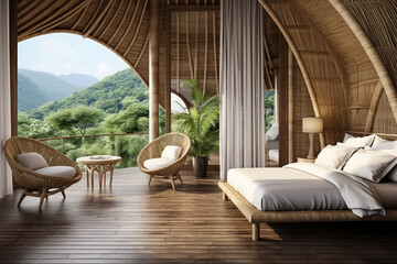 Eco villa or lodge hotel interior with bed, wicker armchair, window and view on green mountains. 