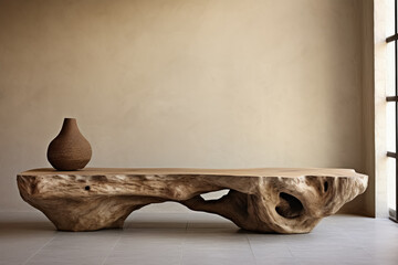 Brown coffee table made of tree trunk in living room next to an empty beige stucco wall, craft furniture in rustic style. 