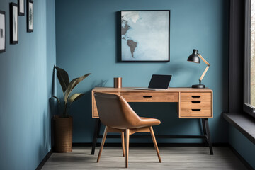 Minimalistic home office with wooden desk, items for work, chair and green plant against to blue walls. 
