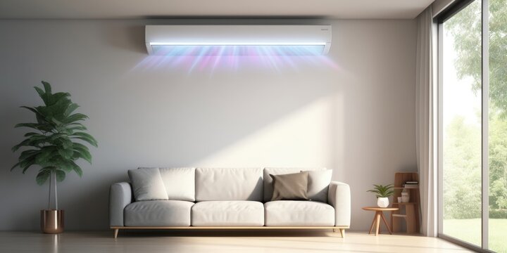 generic air conditioner purifier or AC controller split unit mockup with modern bright Livingroom background, Generative AI 