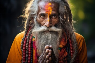 Portrait of an Indian Sadhu, deeply immersed in spiritual wisdom, adorned in vibrant attire that beautifully complements his Rasta-style dreadlocks. Created with AI technology