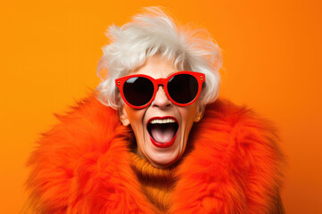 cheerful and funny happy old woman in vivid shine orange background