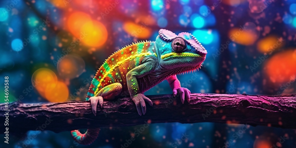 Wall mural colorful chameleon perched on a tree branch with vibrant neon light effect. digital art - Wall murals