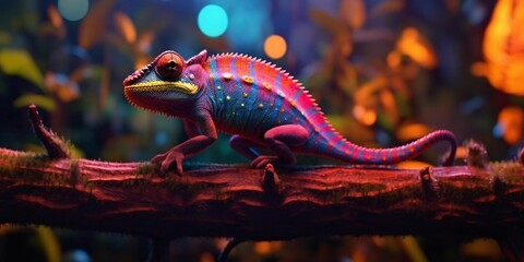 Colorful Chameleon Perched on a Tree Branch with Vibrant Neon Light Effect. Digital Art
