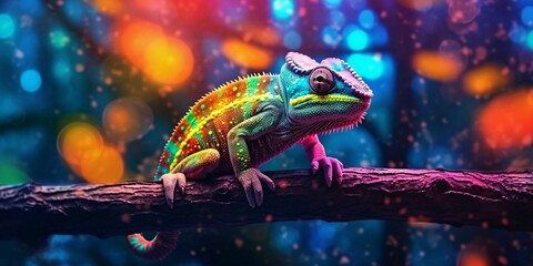 Colorful Chameleon Perched on a Tree Branch with Vibrant Neon Light Effect. Digital Art - obrazy, fototapety, plakaty