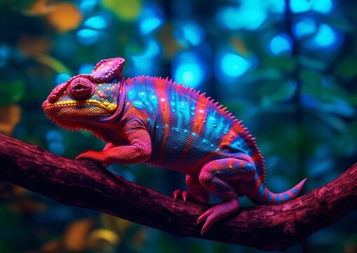 Colorful Chameleon Perched on a Tree Branch with Vibrant Neon Light Effect. Digital Art