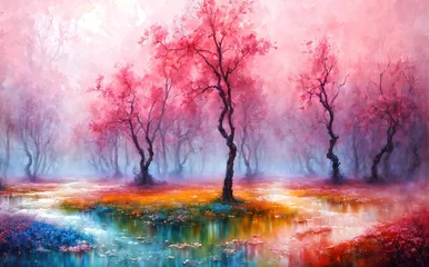 Foto auf Leinwand Watercolor landscape art with multicolored forest, surreal sakura trees with colorful leaves, artistic vision of spring. © Cobalt