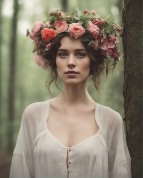 Beautiful girl with a wreath of wildflowers on her head against the background of trees in the forest