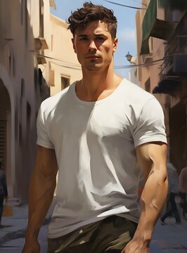 Handsome young man in a white T-shirt on a city street