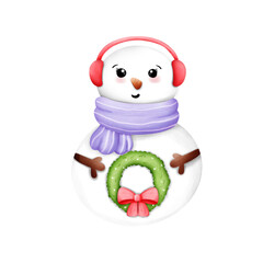 Watercolor Illustration Cute snowman character with wreath