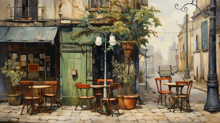Fototapeta na wymiar A painting of a street scene with tables and chairs