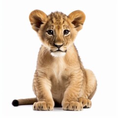 Fototapeta premium Lion cub sitting , isolated on white background cutout AI 