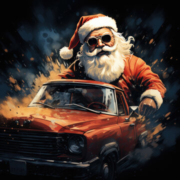 Santa Claus riding on car , T-shirt design Santa Claus characters driving