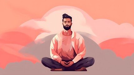 Minimalis Vector illustration of a man sitting in yoga position, breathtakingly beautiful, aesthetic, soft colors