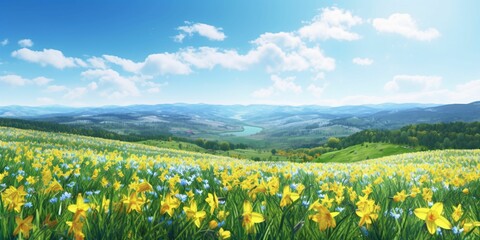 Daffodil Flowers in the Field with Blue Sky View