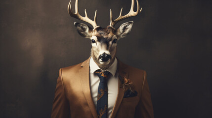 Deer in clothes with shiny horns Business man in suit