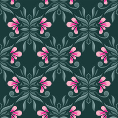Beautiful floral seamless pattern  with flowers and leaves motifs on a dark green background