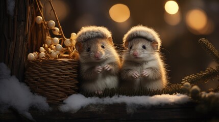 two mice in the snow at the winter forest
