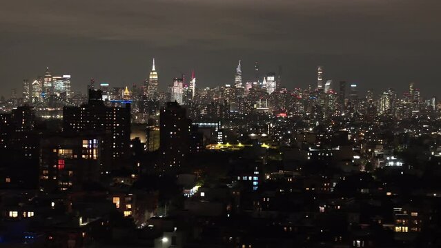 Drone shot of New York City at night