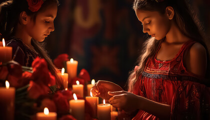 Women light candles during the Day of the Dead in Mexico - obrazy, fototapety, plakaty