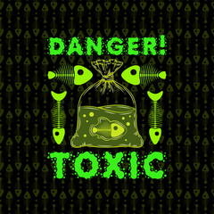 Toxic fish in bag, skeleton, warning danger. Bright vector green illustration on black. - 654694943