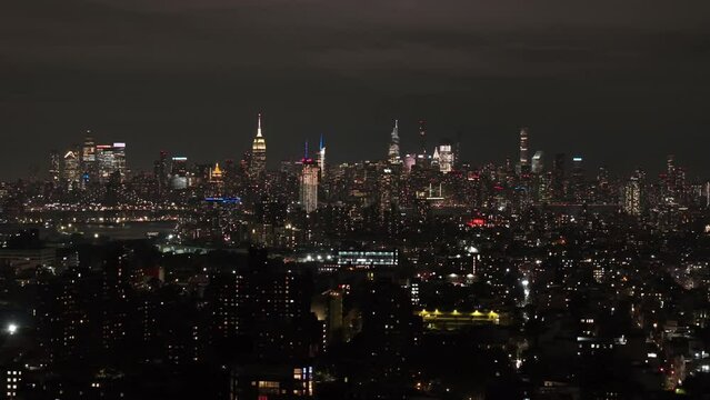 Drone shot of New York City at night