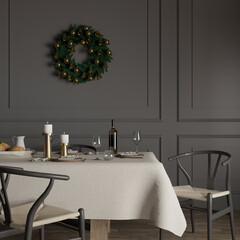 Christmas eve dining room interior with wreath and decor , 3d rendering