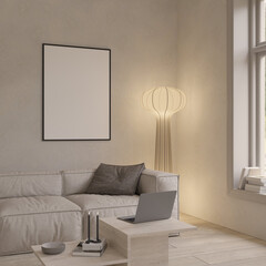 Modern minimalist living room interior with floor lamp , decor and empty poster frame , 3d rendering