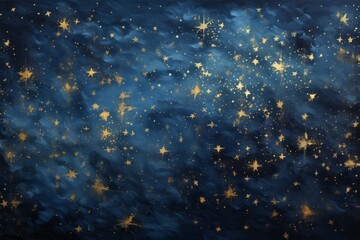Dark blue pattern with gold foil constellations, stars and clouds. Watercolor night sky background - obrazy, fototapety, plakaty