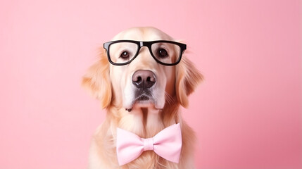 Dog in glasses and bow tie sitting on a pink background