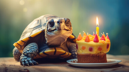 A turtle with a birthday cupcake and a slow but happy smile - obrazy, fototapety, plakaty