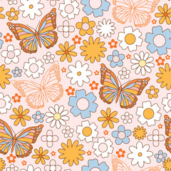 Retro 70s hippie vibrant seamless pattern with groovy flowers and butterflies. Vintage vector surface design for invitation, wrapping paper, packaging etc.