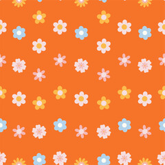 Retro 70s hippie vibrant seamless pattern with groovy flowers. Vintage daisy flowers. Vector surface design for invitation, wrapping paper, packaging etc.