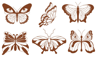 Set of various monochrome groovy naive butterflies. Hallucinogen monarch butterflies pack. Hippie 60s 70s isolated vector illustration.