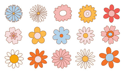 Set of various funky groovy flowers. Vintage happy daisy flowers. Hippie 60s 70s isolated vector illustration.