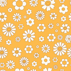 Retro 70s hippie vibrant seamless pattern with groovy flowers. Vintage daisy flowers. Vector surface design for invitation, wrapping paper, packaging etc.